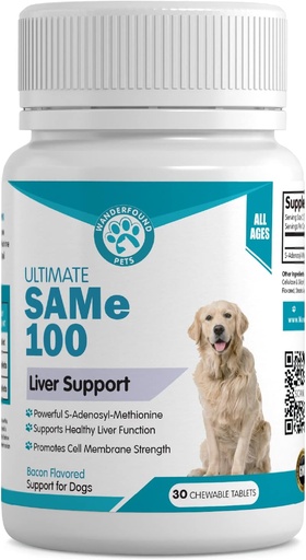 [BRSWG232DF6GCA3K] Wanderfound Pets Same 100 Liver Support for Dogs - Same S-Adenosyl-L-Methionine Hepatic Supplement for Liver & Brain Support - Bacon Flavored Sam E, Manufactured in The USA - 30 Chewable Tablets