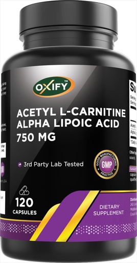 [BRSREAAOB57WMHL5] Oxify Acetyl L-Carnitine Alpha Lipoic Acid 750 mg | 120 Capsules | Gluten-Free, Non-GMO | Supplement Made in USA