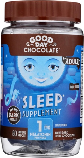 [BRSWYH34OV7WCDLU] Good Day Dark Chocolate Melatonin for Adults [ 80 Count ] - Fair Trade Non-GMO Dark Milk Chocolate with Chamomile and Melatonin 1 mg - Adult Melatonin, Adult Natural Sleep Aid Supplement