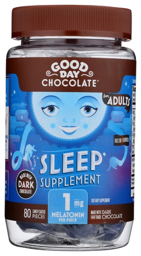 [BRSWYH34OV7WCDLU] Good Day Dark Chocolate Melatonin for Adults [ 80 Count ] - Fair Trade Non-GMO Dark Milk Chocolate with Chamomile and Melatonin 1 mg - Adult Melatonin, Adult Natural Sleep Aid Supplement