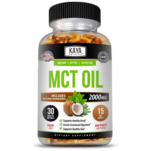 [BRSROAQKBAHAOFD3] Kaya Naturals MCT Oil 2000mg - Non-GMO, Soy-Free, Gluten-Free - Brain, Digestive & Skin Health - 30 Softgels