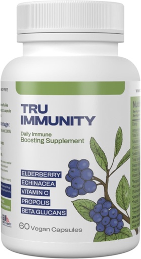[BRSRAFL3BF5BEEIZ] Tru Immunity Boost, Immune Support Supplement, Immune Booster Vitamins for Adults with Elderberry, Echinacea, Vitamin C, Propolis and Beta Glucans, 60 Vegan Capsules