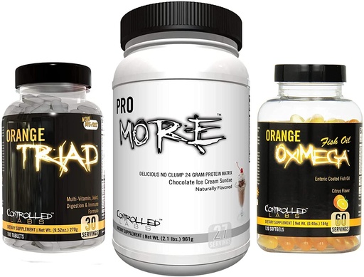 [BRSW2GA2OQDRYH33] CONTROLLED LABS Bundle - Orange Triad (30 Serv), Orange Oximega Fish Oil (120 softgels), PROmore Protein (27 Serv) Chocolate Ice Cream Sundae