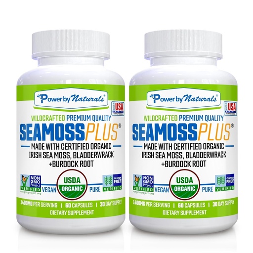 [BRSWYYITAQIQA2TH] Power By Naturals Sea Moss Plus – USDA Organic Irish Sea Moss Capsules with Bladderwrack & Burdock Root – Immune Support – Vegan, Non-GMO, Gluten-Free – 120 Capsules, 2-Pack (2-Month Supply)