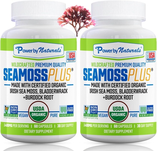[BRSWYYITAQIQA2TH] Power By Naturals Sea Moss Plus - USDA Certified Organic Wildcrafted Irish Seamoss, Bladderwrack & Burdock Root, Supplement for Immunity, 60Ct, 2 Pack
