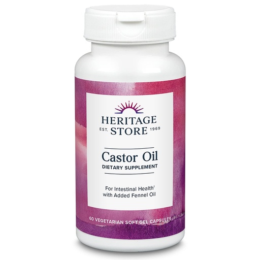 [BRSWIZYOPJ7QI336] HERITAGE STORE Castor Oil Supplement 725 mg, Healthy Cleansing, Intestinal Balance & Digestion Support,* with Added Fennel Oil, 60 Servings, 60 Vegetarian Capsules
