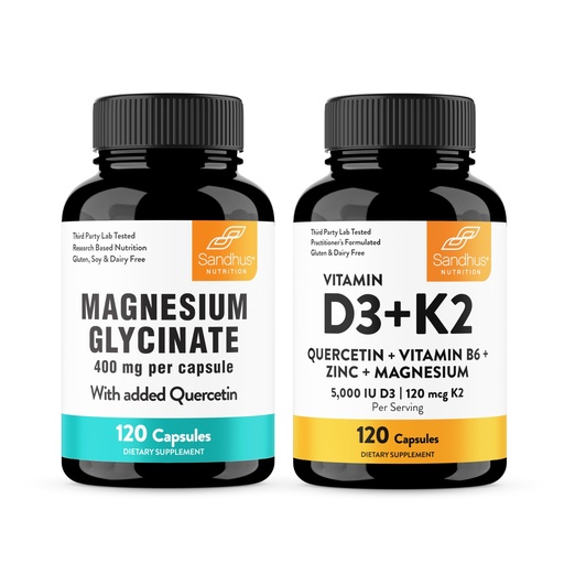 [BRSREYIBCUPRMDTJ] Sandhu's Magnesium Glycinate & Vitamin D3 K2 with Quercetin Capsules (120 Count Each) | Supports Quality Sleep, Relaxation, Immune, Muscle, Teeth Health & Energy