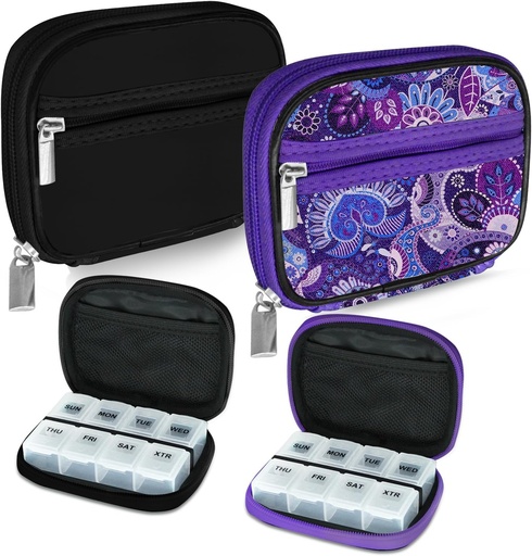 [BRSROGQQB56AE3T6] Serfeymi Weekly Travel Pill Organizer Pill Case for Purse with Removable 7 Day Pill Box, Fashionable Travel Medicine Organizer Pill Container for Medicine, Vitamin, Supplement - Black 01 + Purple 01