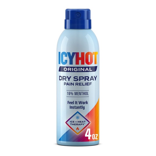 [BRSWYY34BF5QI3Q7] Icy Hot Original Pain Relief Dry Spray, Fast-Acting, Quick-Drying Pain Relief with Max Strength Menthol 16%, Ice and Heat Contrast Therapy for Backaches, Joints, Muscle Strains and Arthritis, 4 oz
