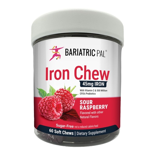 [BRSRGCT6CMMQ4333] BariatricPal Sugar-Free Iron Soft Chews 45mg with Vitamin C & Probiotics - Sour Raspberry (60 Count)