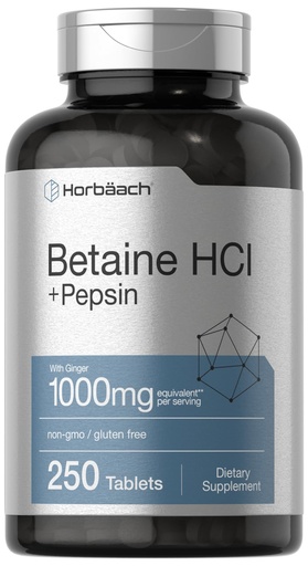 [BRSW2FT2DF5RSE3X] Horbäach Betaine HCl with Pepsin | 250 Tablets | Hydrochloride Supplement | with Ginger Root | Non-GMO, Gluten Free
