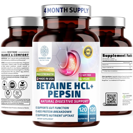[BRSREEIPCV4BADT6] Number One Nutrition Premium Betaine Hydrochloride Enzymes Supplement with Pepsin, Helps Support Protein Breakdown and Nutrient Absorption, 120 Caps