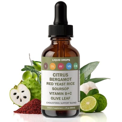 [BRSREAL6AAHQEYI3] Red Yeast Rice Drops - Cholesterol Support Blend with Citrus Bergamot, Red Yeast Rice, Soursop, Olive Leaf & Vitamin B+C, Natural, Non-GMO, Vegan, Dietary Supplement, 2 fl oz