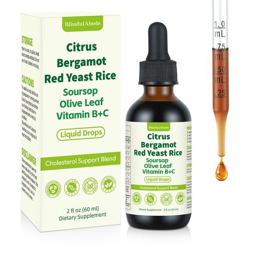 [BRSRGYI6CR6AKCDJ] Red Yeast Rice Drops, Natural Cholesterol Support with Citrus, Soursop, Bergamot & Olive Leaf, 2 fl oz (60ml) Vegan, Non-GMO Supplement with Vitamin B+C