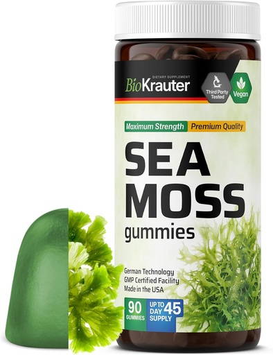 [BRSRMEIDAAFQ2YIU] BIO KRAUTER Irish Sea Moss Gummy pre ženy a mužov - 2840 mg Sila - 90 Vegan Chews - Bladderwrack & Burdock Root Supplement - Chondrus Crispus Formula - Seamos Gummies