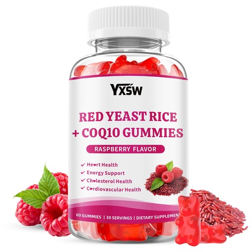 [BRSRGZ3YPMBWECLZ] Red Yeast Rice with CoQ10 Gummies, Red Yeast Rice 600mg with CoQ10 30mg Supplements for Energy Support, Sugar-Free, Vegan, Raspberry Flavor, 60 Count
