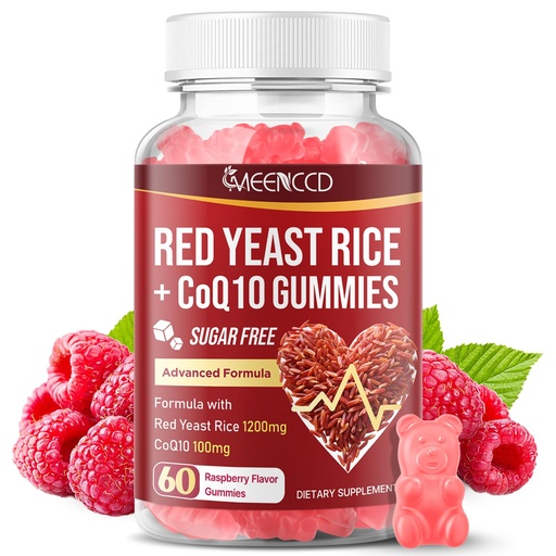 [BRSREBA6CQFWO23J] MEENCCD Red Yeast Rice with CoQ10 Gummies, Red Yeast Rice Supplement with Coenzyme Q10 for Overall Well-Being, Sugar Free, Vegan, Raspberry Flavor, 60 Count