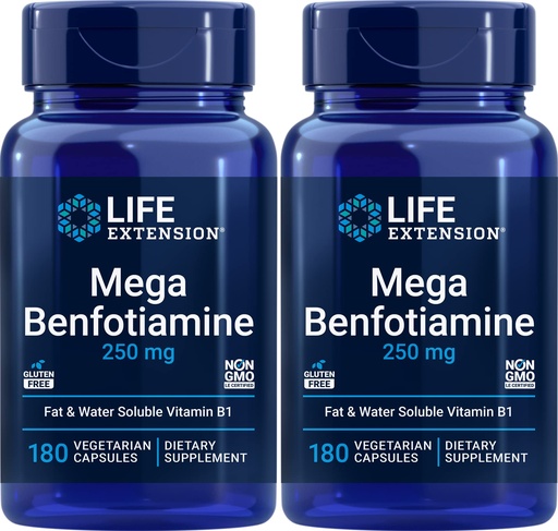 [BRSWYYLYPINWKGQ2] Life Extension Mega Benfotiamine 250 mg 180 Capsules (Pack of 2), Vegetarian Vitamin B Supplement with Thiamine