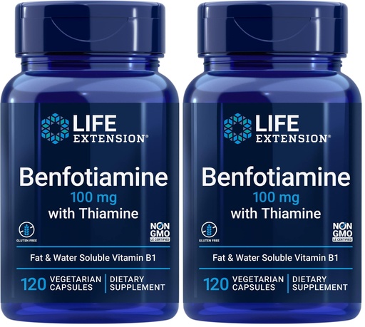 [BRSRGGQNA4MB6AIZ] Life Extension Benfotiamine with Thiamine,Healthy Blood Sugar Metabolism Support,100 mg benfotiamine,Cardiovascular Health,Brain Health,Non-GMO,Gluten-Free,120 Vegetarian Capsules,(Pack of 2)