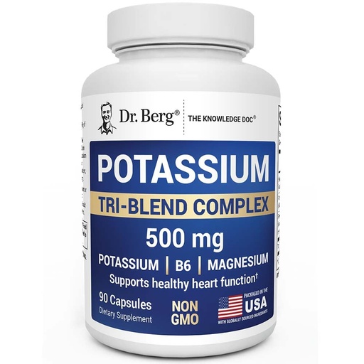 [BRSRGFAYOZYRYC3X] Dr. Berg Potassium Tri-Blend Complex – 500 mg Potassium Supplement for Muscle & Nerve Support* – Maximum Strength Potassium Formula w/Magnesium, B6 & Taurine – 90 Capsules