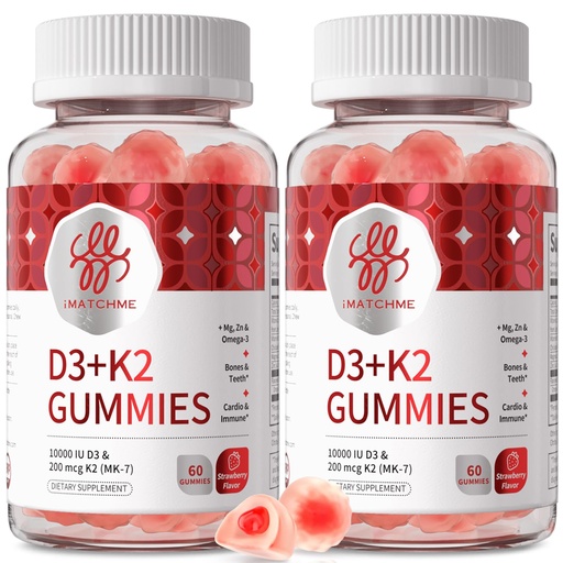 [BRSRGBAHOJYA2DQZ] iMATCHME Vitamin D3 K2 Gummies for Adults, 10000 IU Vitamin D3 + 200 mcg K2 MK-7 with Omega-3, Magnesium & Zinc, Bone, Teeth, Heart & Immune Support, Sugar-Free Vegan, 60 Count(Pack of 2)