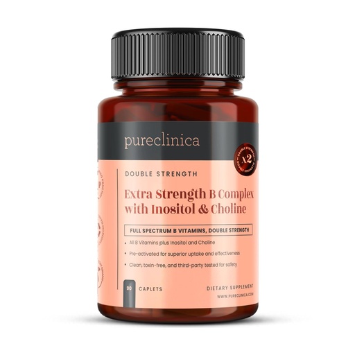 [BRSREYDYBUOR63LZ] pureclinica Extra Strength B Complex with Inositol & Choline x 90 Caplets – High-Potency B Vitamins for Energy, Brain & Nerve Support – 3 Months Supply