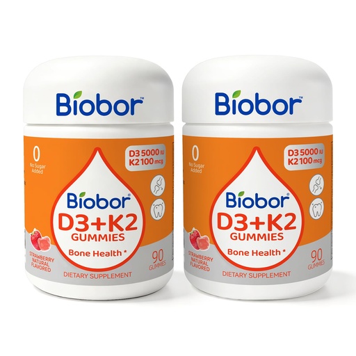 [BRSREEIPBN5RYCYY] Biobor (2 Pack) Natural Vitamin D3 K2 Gummies, 5000 IU Vitamin D3 & 100 mcg Vitamin K2, Supports Healthy Bone, Immune Health Supplement, No Sugar Added, GMO Free, Gluten Free (Strawberry, 180 Count)