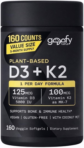 [BRSRGCYPCR5A4FDP] Sports Vitamin D3 K2 with 5000iu of Plant-Based D3 & 100mcg of Vitamin K2 as MK-7, Non-GMO Verified & Vegan Certified - 160 Liquid Softgels
