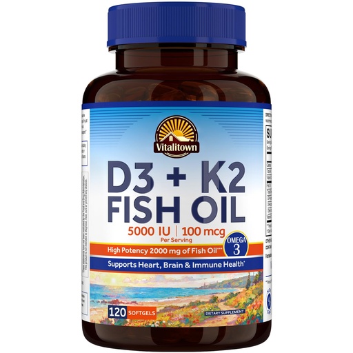 [BRSREHQYO4HQEYLH] Vitalitown Vitamin D3 K2 with Fish Oil Omega-3 Supplements, 1000mg EPA DHA Omega 3 Fatty Acids from Fresh Wild Caught Fish, Support for Heart & Brain Health, 120 Softgels