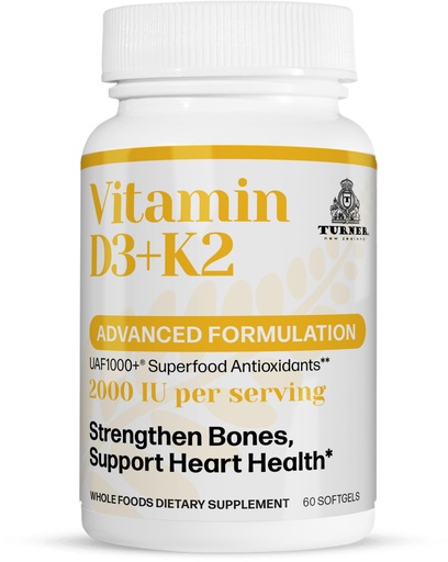 [BRSW2BT2BYPQOC3A] Turner Vitamin D3 and K2 Caps, High Potency D3 2000IU and K2 (MK7) 80mcg, Unique VIT D3 from 100% New Zealand Sheep's Wool Lanolin. Cardiovascular Support & Bone Health, 60 Softgels 1 Month Supply