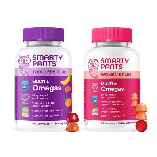 [BRSREC3YCACBSHQ7] SmartyPants Mom & Toddler Daily Nutrition Bundle: Women’s + Toddler Multivitamin Gummies with Omega-3 DHA/EPA, Vitamins D3, B12, A & Zinc – Gluten Free, Non-GMO, 90 & 60 Count (Pack of 2