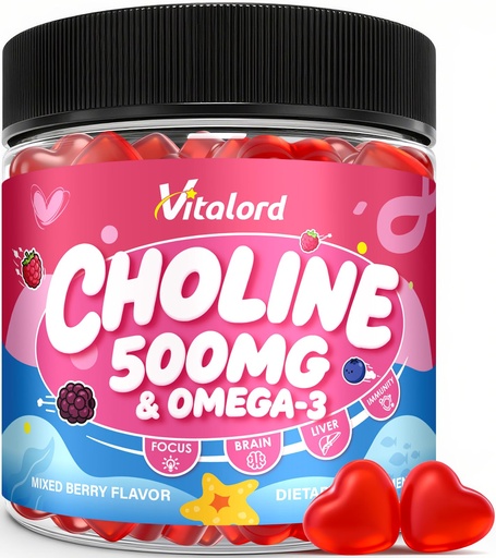 [BRSRGAYTCJ5ROFA7] CDP Choline with Omega 3 Gummies 500mg, Chewable Citicoline Supplement with Vitamins, for Kids & Women Prenatal, Brain Health, Liver Support, Focus & Energy, Mixed Berry Flavor, Sugar Free, 60 Count
