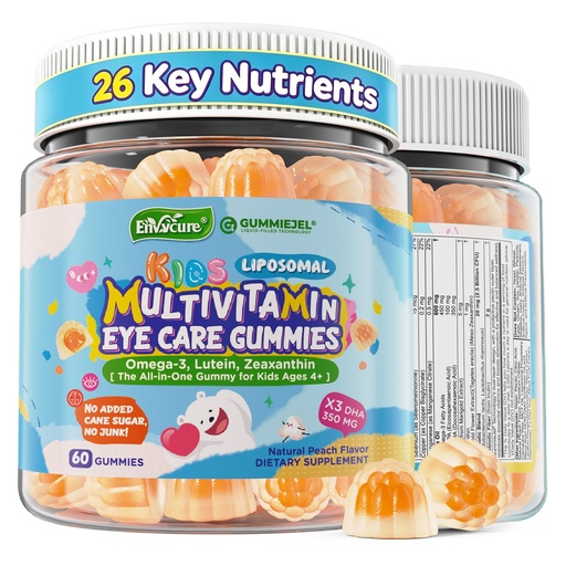 [BRSRGCQNDEMAYG3X] Kids Multivitamin Gummies with Iron, 450mg Algae Omega-3, Methylated B12, Folate, Fiber 2g, Probiotics, Magnesium, A, C, D, K, Zinc, Children Vitamins for Growth, Brain, Eye, Gut, Immune, 1 Pack