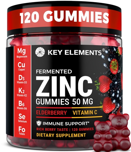 [BRSRGZQECNYW2EQ2] Immune Support Zinc Gummies 50mg with Elderberry Vitamin C and Zinc Supplements - Natural Antioxidant with Copper Vitamin D3 K2 Magnesium - Rich Berry Taste, Sugar-Free, 120 Gummies