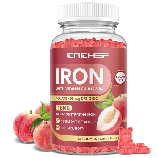 [BRSREZYLAECRYHLF] Iron Supplement for Women & Men Gummies, Multivitamin Blood Builder Iron Supplement with Folate Vitamin C B12 B6 Zinc for Adults & Kids - Energy Support - Peach Flavor, Vegan 60 Gummies