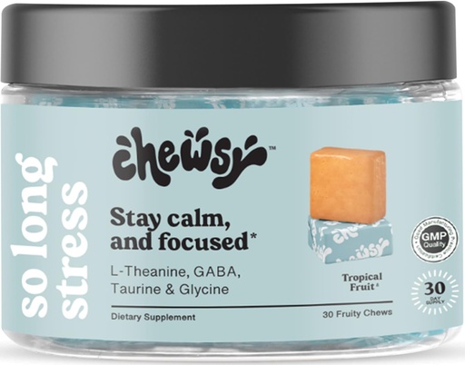 [BRSROY34CQMG2FAY] Chewsy So Long Stress, Calm Fruity Chews, Stay Calm & Focused. w/L-theanine, Amino Acid, GABA, Glycine, Tyrosine, Taurine & Magnesium. Non-GMO and Gluten-Free. Tropical Fruity Chews, 30-Day Supply