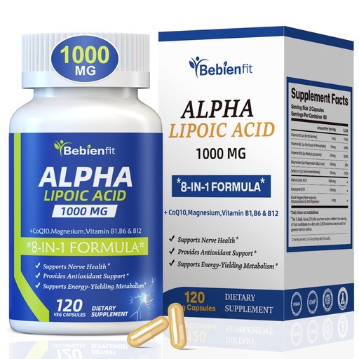 [BRSREAYZA4HGACLV] Alpha Lipoic Acid 1000mg Neuropathy Supplements Capsules, 8-IN-1 ALA for Nerve Health in Hands & Feet, Nervous System and Antioxidant with Magnesium Glycinate, CoQ10 & B1, B6, B12 – Vegan 120 Caps