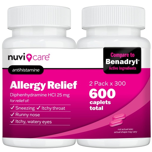 [BRSRACQODN4AE2DG] NUVICARE Allergy Relief Tablets - Diphenhydramine 25mg Antihistamine Tablets for Runny Nose, Sneezing, Itchy Eyes & Throat - Compare to Benadrl Allergy Meds - OTC Adult Allergy Medicine (2 Pack)