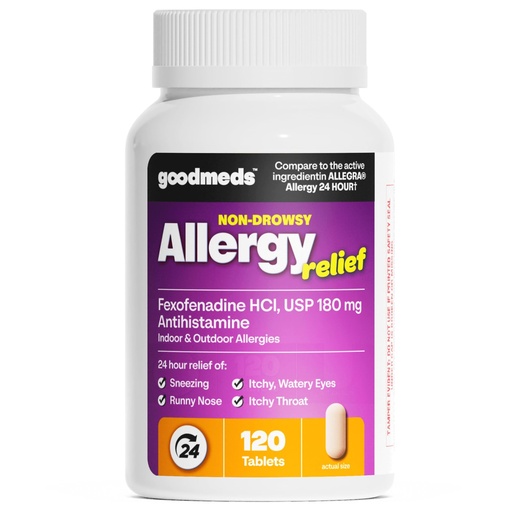 [BRSRGGIYBYNQKG33] Compare to Allegra | Fexofenadine HCl 180mg | 24-Hour Allergy Relief, Non-Drowsy Antihistamine Generic Medicine for Allergies, Hay Fever, Itchy Eyes | for Kids & Adults (120 Count)