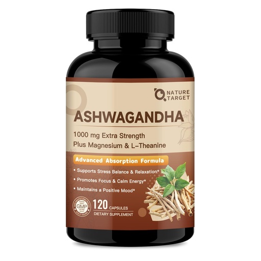 [BRSREADRCQMRAE3J] NATURE TARGET Ashwagandha Supplements for Women & Men – Ashwagandha Root Extract 1000mg with Magnesium & L-Theanine, Support Mood, Immune Health & Energy, Non-GMO, 120 Vegan Capsules