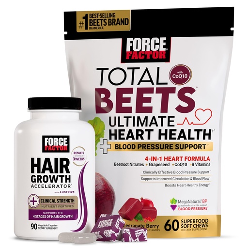 [BRSREGT4B54B4GTD] Force Factor Hair Growth Accelerator Capsules, 90 Capsules + Total Beets Ultimate Heart Health Blood Pressure Support, Pomegranate Berry, 60 Soft Chews