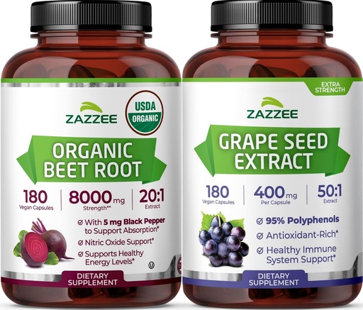 [BRSRGGIQO4HAYYA6] Zazzee Herbal B Pressure Support Bundle | 50:1 Grape Seed Extract Capsules Plus 20:1 Organic Beet Root Capsules | Non-GMO Vegan & ISO Lab Tested (180 Servings Each)