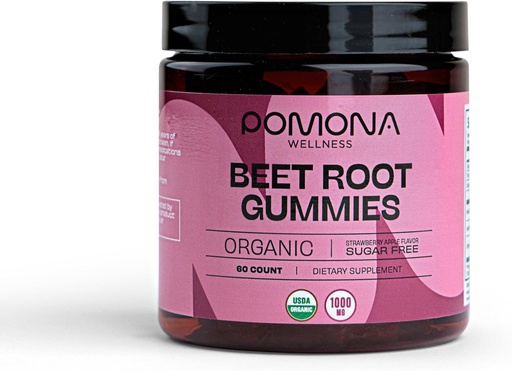 [BRSROBDRDMFWOAL2] Pomona Wellness Organic Potent Beetroot Powder Gummies 1000mg - Sugar Free, Nitric Oxide gehigarria - Strawberry naturala eta Apple Flavor, Vegan, 60 Count