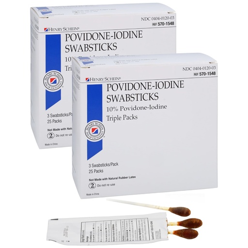 [BRSRAGACPN6R6A3G] Henry Schein Prep Povidone-Iodine Swabsticks 3's, Individually Packed, Sterile, Antiseptic for Skin Preparation, 10% Povidone-Iodine- 50 Count (Pack of 2)