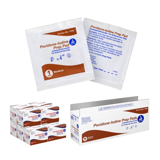 [BRSWIHT3AVYRC2LM] Dynarex Povidone Iodine Prep Pads, Medium Sized Packaged in Individual Foil Packs, Brown, 1 Case of 1,000 Pads (10 Boxes of 100) [Packaging May Vary]