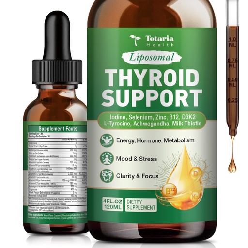 [BRSRYYD2A4MGYGTO] Totaria Thyroid Support for Women & Men, Selenium, Iodine, Zinc, L-Tyrosine, Ashwagandha, B12, Milk Thistle, Kelp, Bladderwrack, Energy, Metabolism, Hormone & Mood, 4 Fl.Oz