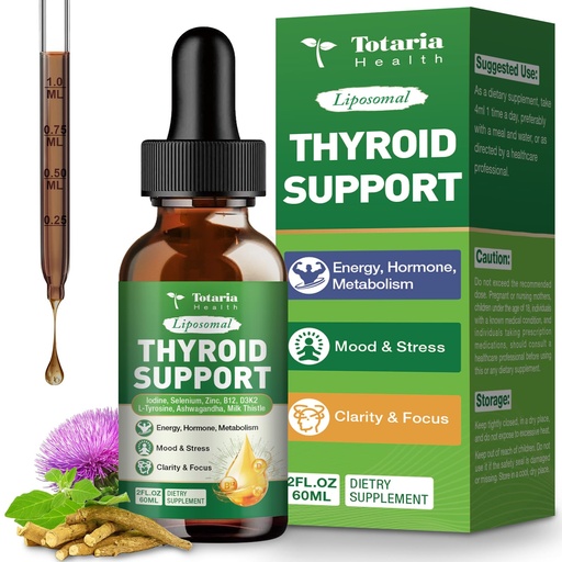 [BRSRYYD2BB5GYGTA] Totaria Liposomal Thyroid Support Drops, Iodine, Selenium, Zinc | Ashwagandha, L-Tyrosine, B12 | Energy, Metabolism, Hormone & Mood, 2 Fl.Oz