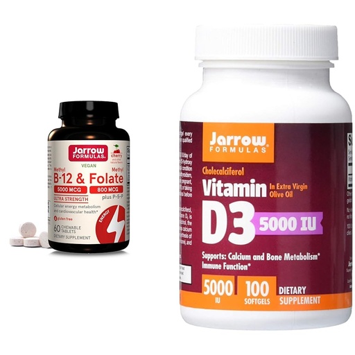 [BRSROBIPAAPBAAL2] Jarrow Formulas Ultra Strength Methyl B-12 5000 mcg & Methyl Folate 800 mcg + P-5-P & Vitamin D3 125 mcg (5000 IU) - 100 Servings (Softgels)