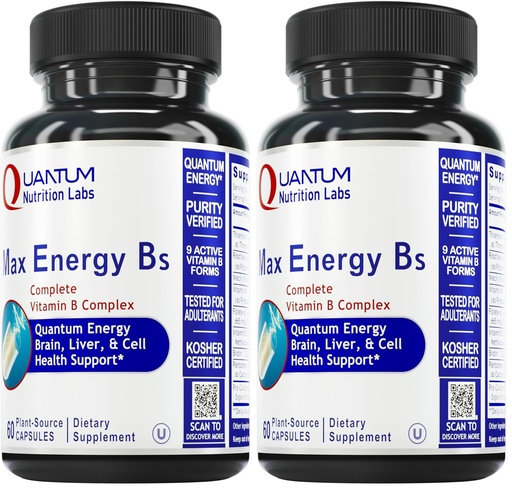 [BRSRGFIFPIPB4AL4] Quantum Nutrition Labs Max Energy Bs - Vitamin B Complex, Methylated B Complex Vitamins with Vitamin B1, B6, B12, Thiamin, Folate and Biotin - 60 Vegetarian Capsules (Pack of 2)