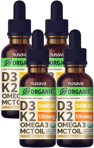 [BRSROEI2CR7WECTX] NUSAVA Organic Vitamin D3 K2 Drops with MCT Oil, Vanilla, Pack of 4 | Bone, Heart and Immune Support, Vitamin D3 and K2 with MCT Oil and Omega 3, No Fillers, Liquid Drops for Women and Men